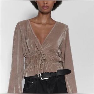 ZARA Women’s Pleated Surplice Peplum Elegant Shiny Taupe V-Neck Blouse size L